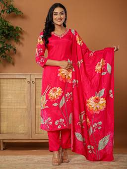 Yufta - Pink Muslin Hand Embroidery V Neck Kurta with Dupatta and Pant (Set of 3)