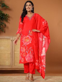 Yufta - Muslin Red Kurta with Dupatta and Pant (Set of 3)