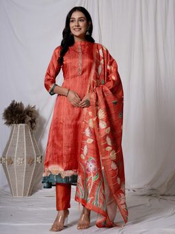 Yufta - Tussar Silk Red A Line Kurta with Pant and Dupatta (Set of 3)