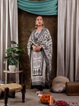 Yufta - Pure Muslin Silk Off White Kurta with Pant and Dupatta (Set of 3)