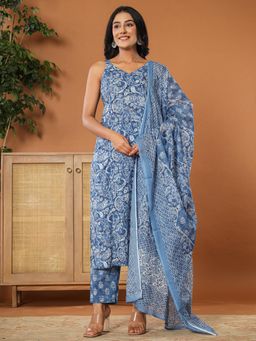 Yufta - Blue Cotton Strappy Kurta with Pant and Dupatta (Set of 3)