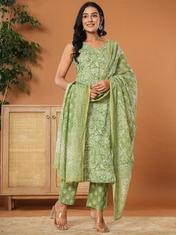 Yufta - Green Cotton Strappy Kurta with Pant and Dupatta (Set of 3)