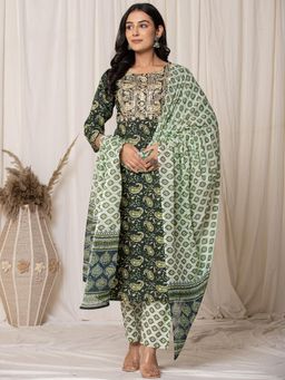 Yufta - Green Paisley Pure Cotton Straight Kurta and Pant with Dupatta (Set of 3)
