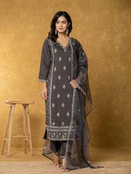 Yufta - Grey Silk Kurta with Dupatta and Pant (Set of 3)