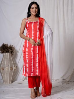 Yufta - Tie & Dye Red Silk Kurta with Dupatta and Pant (Set of 3)