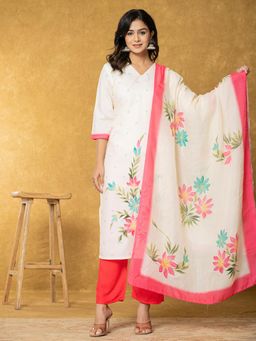 Yufta - Cream Linen Floral Kurta with Dupatta and Pant (Set of 3)