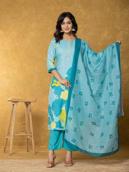 Yufta - Teal Green Linen Kurta with Dupatta and Pant (Set of 3)