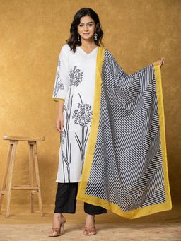 Yufta - White and Black Linen Kurta with Dupatta and Pant (Set of 3)