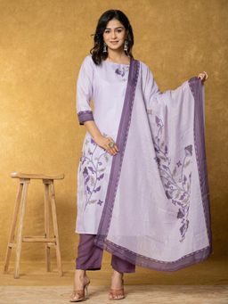 Yufta - Lavender and White Linen Kurta with Dupatta and Pant (Set of 3)