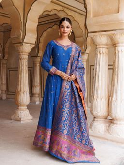 Kidar - Navy Blue Georgette with Thread Work Anarkali Kurta with Pant and Dupatta (Set of 3)