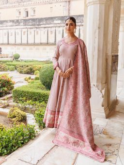 Kidar - Peach Silk Sequin Embellished Anarkali Kurta with Pant and Dupatta (Set of 3)