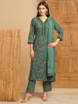 Kami Kubi - Green Floral Lace Embellished Neckline & Cuffs Kurta with Pant & Dupatta (Set of 3)