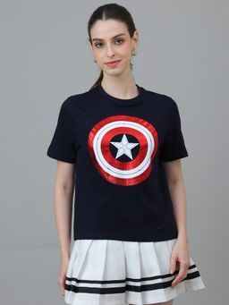 Free Authority - Official Captain America Half Sleeve Graphic Printed Cotton Blue T-Shirt