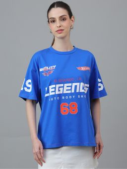 Free Authority - Official Hot Wheels Half Sleeve Graphic Printed Cotton Oversized Blue T-Shirt
