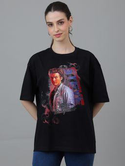Free Authority - Stranger Things Steve Harrington Graphic Printed Oversized Black T-Shirt