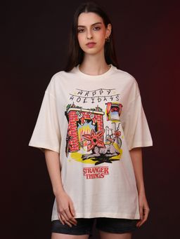 Free Authority - Stranger Things Happy Holidays Graphic Printed Oversized White T-Shirt