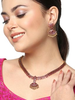 Voylla - Red CZ Adorned Floral Motifs Brass Gold Plated Jewellery Set