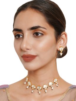 Voylla - Festive Hues Floral Mirror Work and Faux Pearls Brass Silver Plated Jewellery Set
