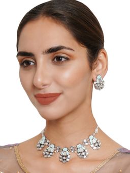 Voylla - Festive Hues Enamelled Mirror Work Floral Motifs Brass Silver Plated Jewellery Set