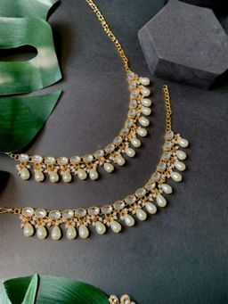 I Jewels - Gold Plated White Traditional Kundan Pearl Ear Chain