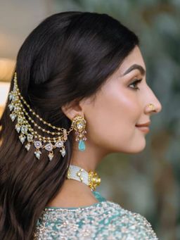 I Jewels - Gold Plated White Traditional Multi Layered Kundan Pearl Ear Chain