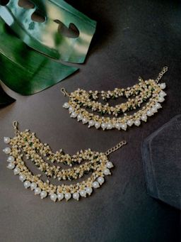 I Jewels - Gold Plated White and Green Traditional Multi Layered Pearl Ear Chain