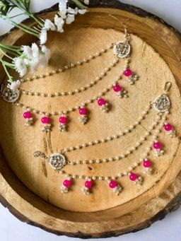 I Jewels - Gold Plated White and Pink Traditional Multi Layered Kundan Pearl Ear Chain