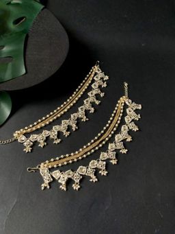 I Jewels - Gold Plated White Traditional Multi Layered Kundan Pearl Ear Chain