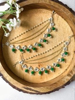 I Jewels - Gold Plated Green Traditional Multi Layered Kundan Pearl Ear Chain