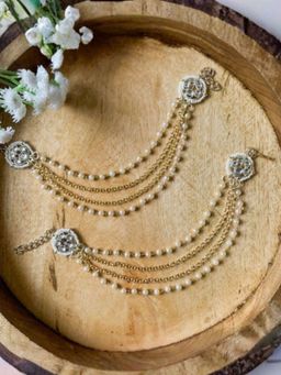 I Jewels - Gold Plated White Traditional Multi Layered Kundan Pearl Ear Chain