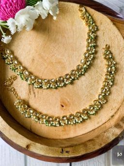I Jewels - Gold Plated White and Green Traditional Kundan Pearl Ear Chain