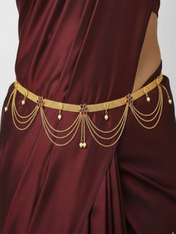 Accessher - Gold Floral Red-Green Stone Waist Chain