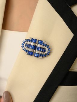 METALM - 925 Silver Badge Brooch White Gold Accent Sparkling Blue Cz Diamonds