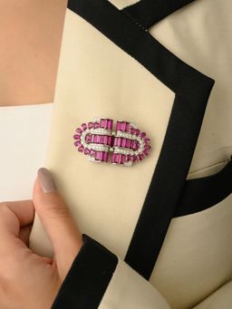 METALM - 925 Silver Brooch Pin With Sparkling Ruby Pink And White Cz Diamonds