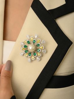 METALM - 925 Silver Floral Brooch Pin With Unique White Pearl Colourful Cz Diamonds