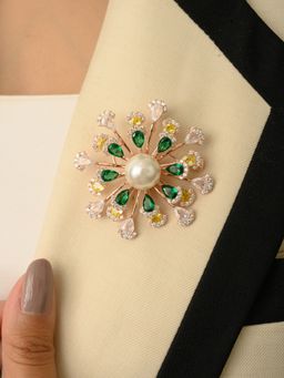 METALM - Rose Gold Flower Pearl Brooch In 925 Silver Snowflake Colourful Cz Diamonds