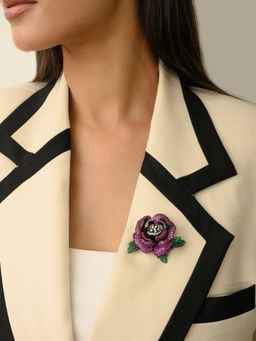 METALM - Rose Flower Brooch In 925 Silver With Sparkling Pink Cz Diamonds