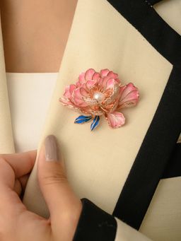 METALM - Light Pink Peony Flower Brooch With Pearl Charm And Cz Diamonds In 925 Silver