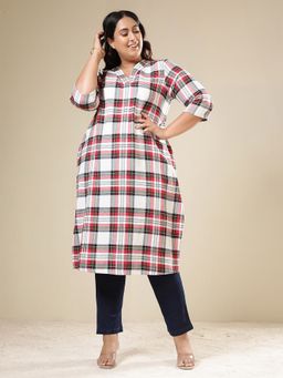 Amydus - Plus Size Red and White Checkered Cotton Flannel V Neck Kurta
