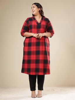 Amydus - Plus Size Red and Black Check Cotton Flannel V Neck Kurta