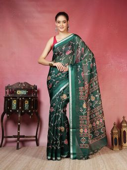 MEENA BAZAAR - Women Green Casual Cotton Floral Print Saree Without Blouse