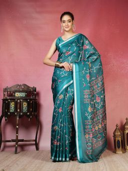 MEENA BAZAAR - Women Green Casual Cotton Floral Print Saree Without Blouse