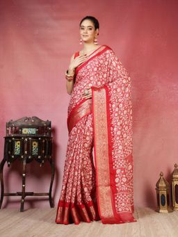MEENA BAZAAR - Women Red Casual Cotton Floral Print Saree Without Blouse