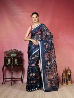 MEENA BAZAAR - Women Blue Casual Cotton Floral Print Saree Without Blouse