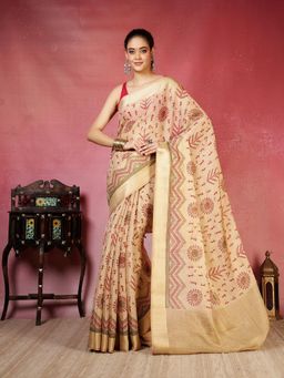 MEENA BAZAAR - Women Beige Casual Cotton Printed Saree Without Blouse