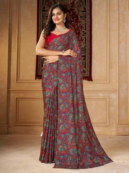 Garden VARELI - Women's Maroon Printed Saree with Unstitched Blouse