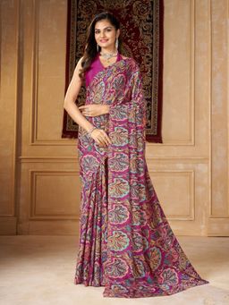 Garden VARELI - Women Magenta Crepe Paisley Printed Saree with Unstitched Blouse