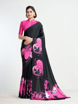 Garden VARELI - Women Black Crepe Floral Print Saree with Unstitched Blouse