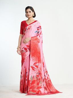 Garden VARELI - Women Red Crepe Printed Print Saree with Unstitched Blouse