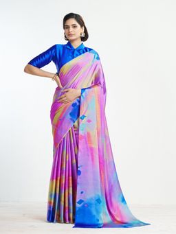 Garden VARELI - Crepe Blue Abstract Print Saree with Unstitched Blouse